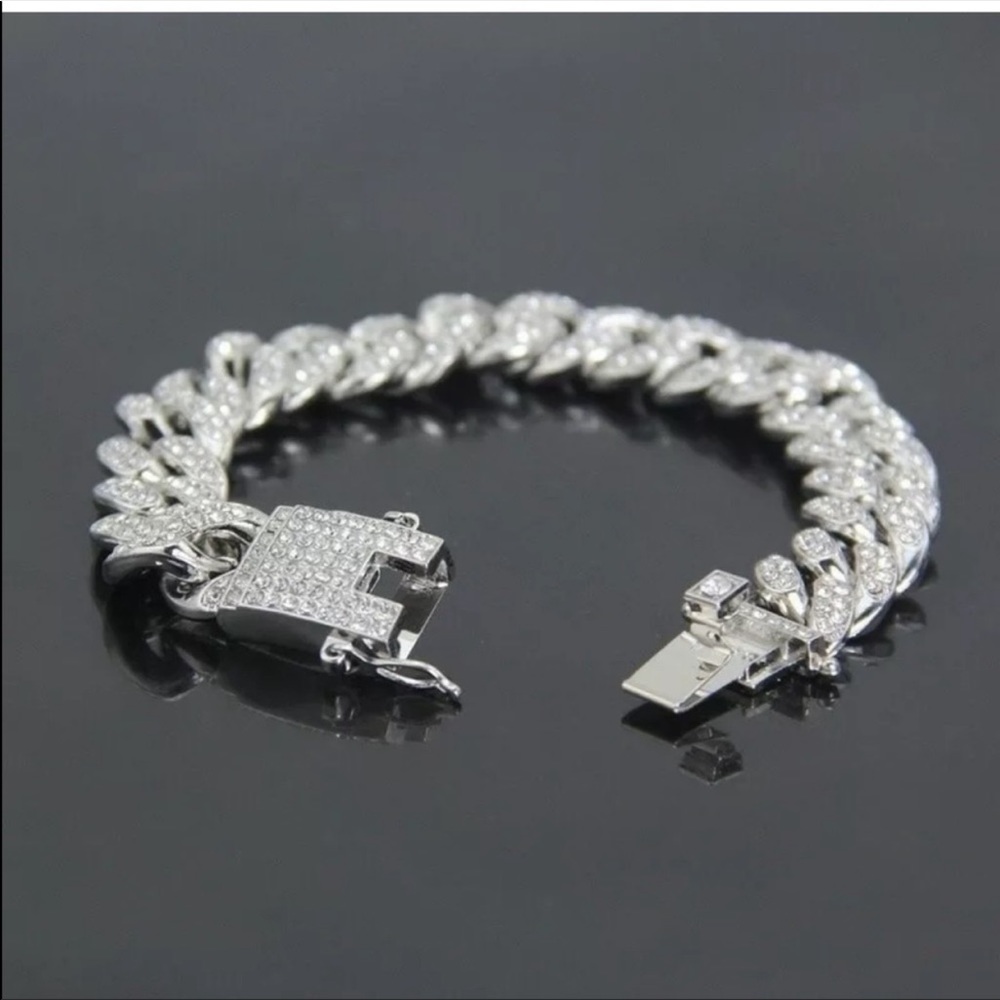 New men’s bowling rhinestone Silver Gothic cuban thick bracelet - Picture 2 of 3
